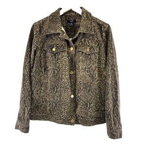 Chaps Snakeskin Python Denim Jacket Brown Button Stretch Flap Pockets Womens 1X